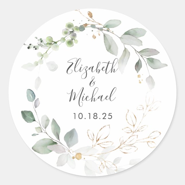 Greenery Gold Blätter Foliage Wreath Runder Aufkleber (Vorderseite)