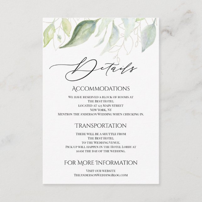 Greenery Gold Botanische Blätter Unterkünfte Begleitkarte (Vorderseite)