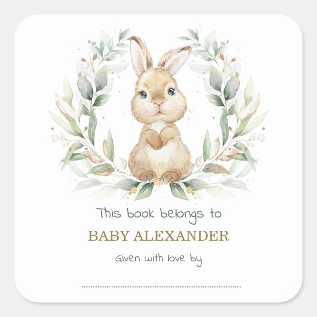 Greenery Gold Bunny Rabbit Baby Shower Buchzeichen Quadratischer Aufkleber (Vorderseite)