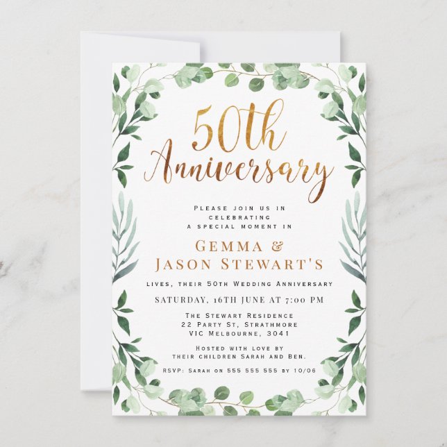 Greenery Gold Calligraphie 50. Hochzeitstag Einladung (Vorderseite)