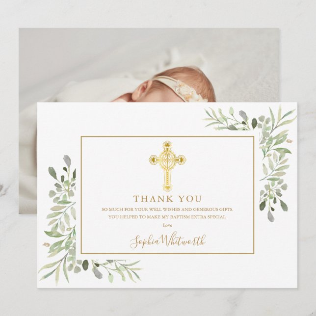Greenery Gold Cross Taufe Christening Foto Dankeskarte (Vorne/Hinten)