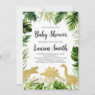 Greenery Gold Dinosaur Babydusche Einladung