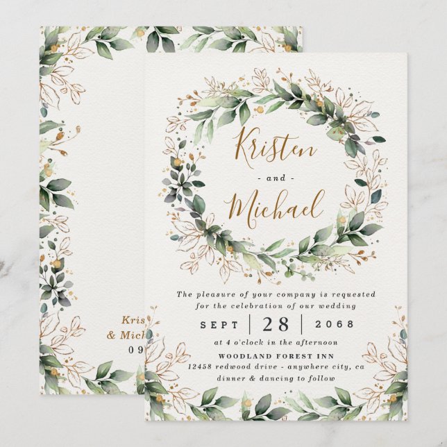 Greenery Gold Elegant Watercolor Boho Leaf Wedding Einladung (Vorne/Hinten)