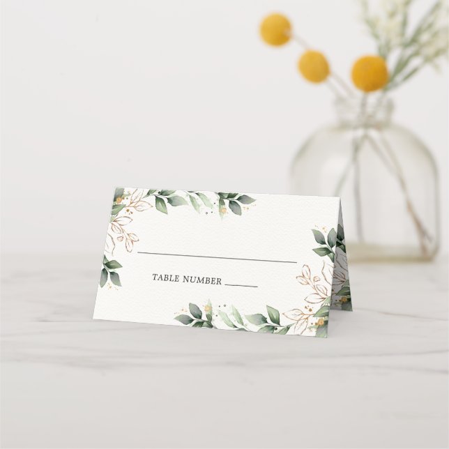 Greenery Gold Elegant Watercolor Boho Leaf Wedding Platzkarte (Vorderseite)