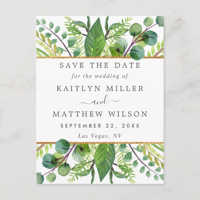 Greenery & Gold Elegante Hochzeit Save the Date Ankündigungspostkarte (Vorderseite)