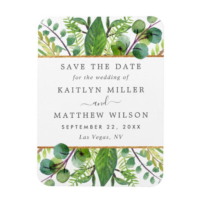 Greenery & Gold Elegante Hochzeit Save the Date Magnet (Vertikal)