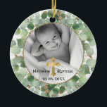Greenery Gold Eucalyptus Baby Baptism Foto Keramik Ornament<br><div class="desc">Greenery Gold Eukalyptus Baby Christening und Taufe Ornament mit doppeltem Foto mit rundem eucalyptus foliage Kranrahmen mit einer kleinen goldenen Touch. Personalisieren Sie Ihr eigenes, horizontales oder quadratisches Foto. Gutes Geschenk für Ihre Familie und Freunde für die Ferienzeit.</div>