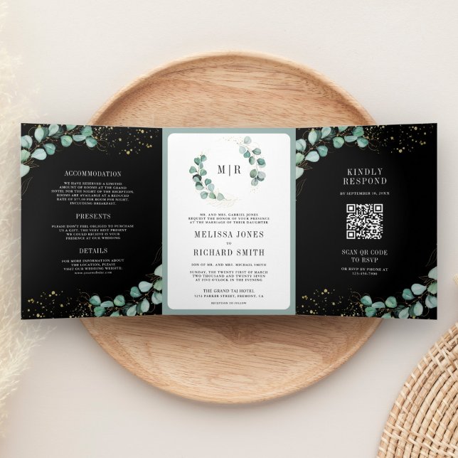 Greenery Gold Eucalyptus Black QR Code Wedding Dreifach Gefaltete Einladung (Von Creator hochgeladen)