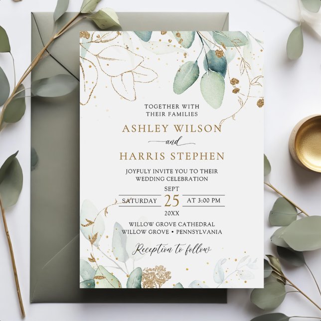 Greenery Gold Eucalyptus Rustic Wedding Einladung (Von Creator hochgeladen)