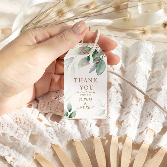 Greenery & Gold Eucalyptus Wedding Gift Tag Geschenkanhänger (Von Creator hochgeladen)