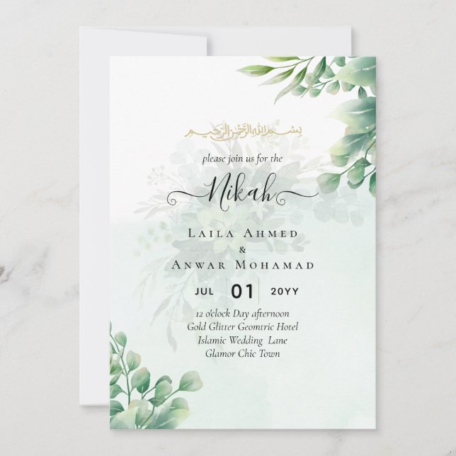 Greenery Gold Eucalyptus WEDDING QR CODE Moderne Einladung (Vorderseite)