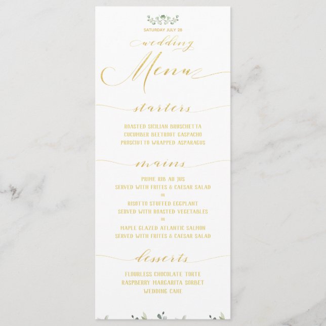 Greenery & Gold Extravagant Calligraphy Wedding Di Menükarte (Vorderseite)