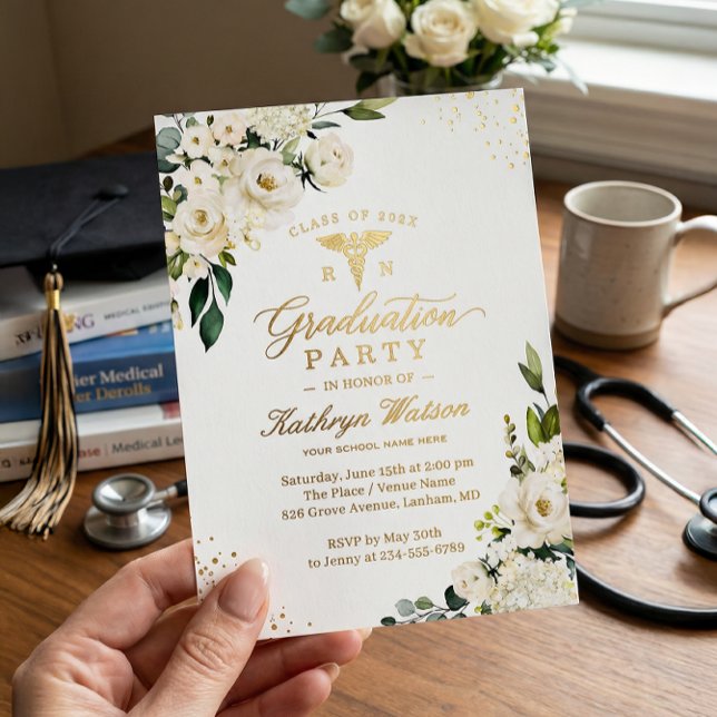 Greenery Gold Floral Nursing School Abschluss Folieneinladung (Von Creator hochgeladen)