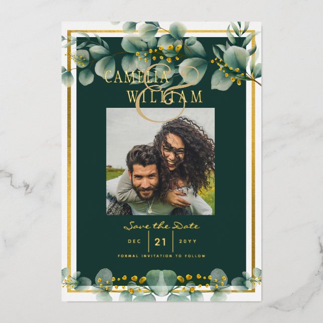 Greenery Gold Foil FOTO QR CODE Hochzeitsdatum Ger Folieneinladung (Vorderseite)