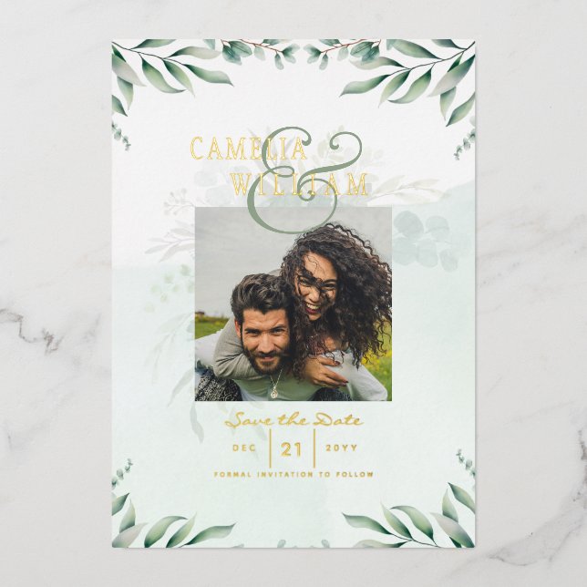 Greenery Gold Foil FOTO QR CODE Hochzeitsdatum Ger Folieneinladung (Vorderseite)