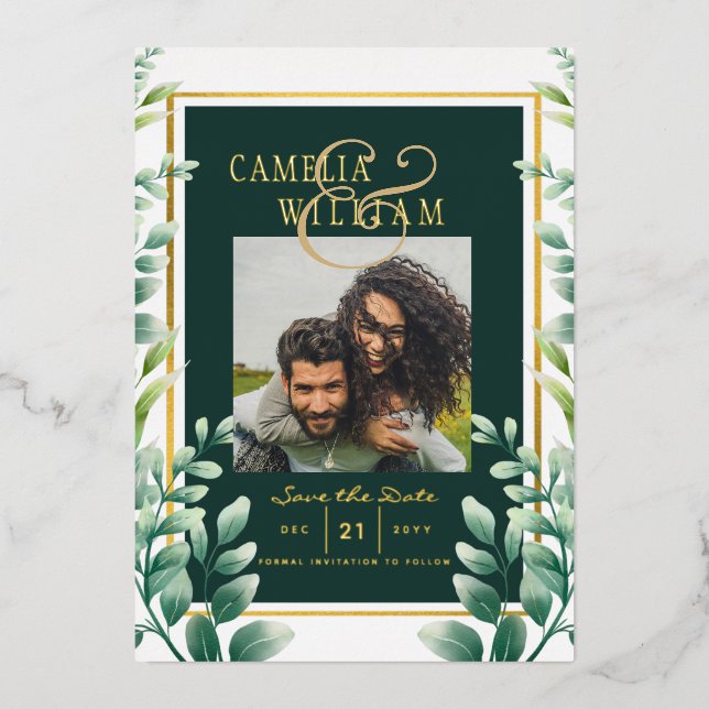 Greenery Gold Foil FOTO QR CODE Hochzeitsdatum Ger Folieneinladung (Vorderseite)