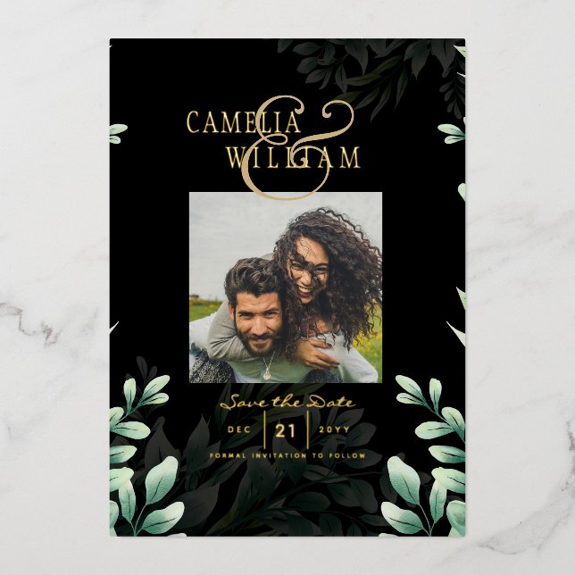 Greenery Gold Foil FOTO QR CODE Hochzeitsdatum Ger Folieneinladung (Vorderseite)