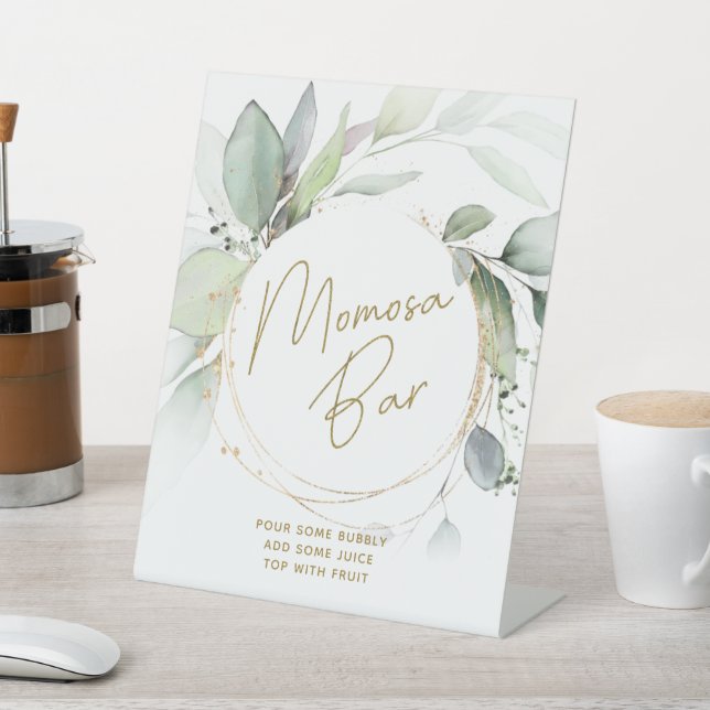 Greenery Gold Foliage Eucalyptus Momosa Bar Table Sockelschild (In SItu)