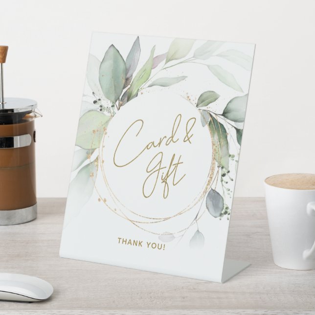 Greenery Gold Foliage Eukalyptus Card & Gift Table Sockelschild (In SItu)