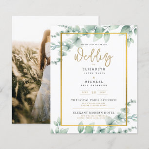 Greenery Gold FOTO Wedding Einladung BUDGET