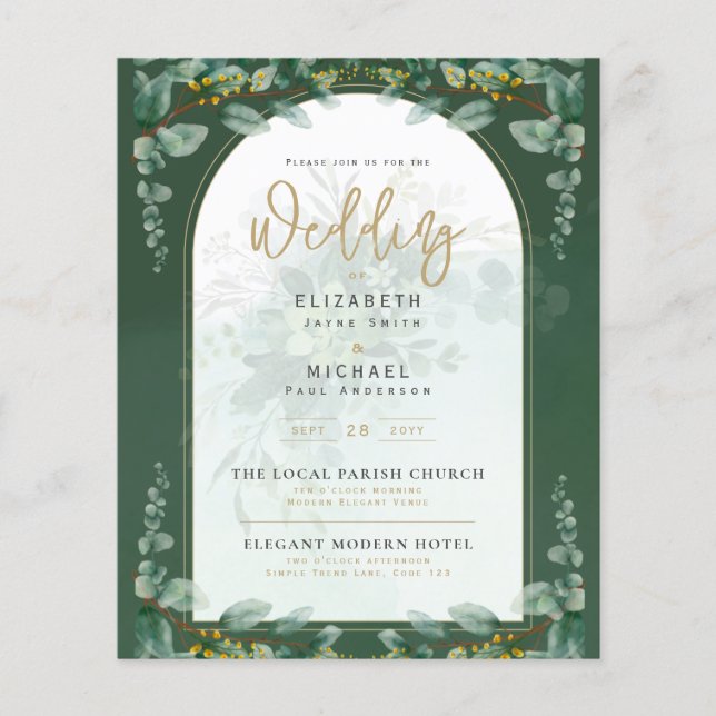 Greenery Gold FOTO Wedding Einladung BUDGET Flyer (Vorne)