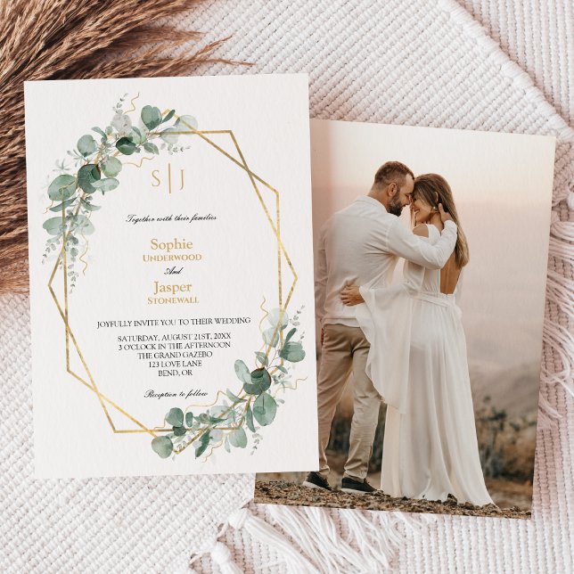 Greenery Gold Frame Simple Monogram Foto Wedding Einladung (Von Creator hochgeladen)