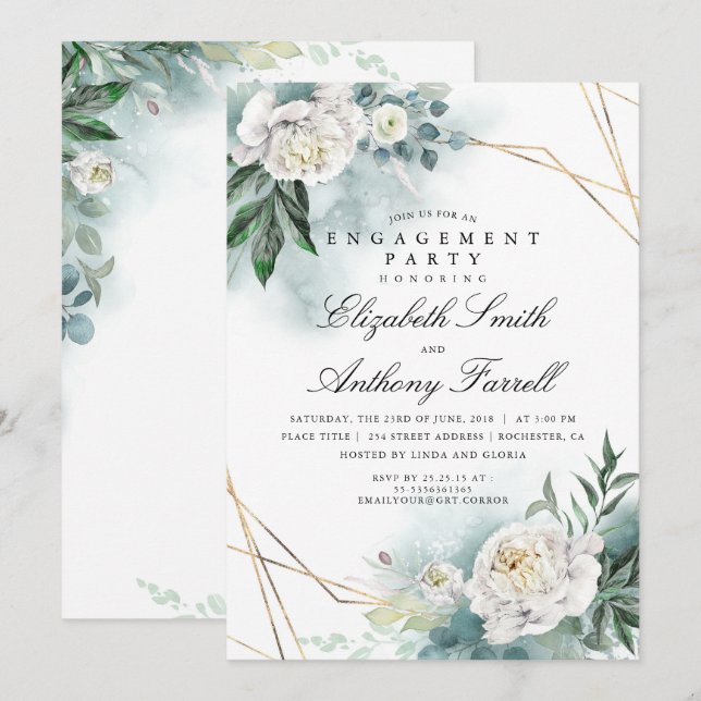 Greenery Gold Frame White Floral Engagement Party Einladung (Vorne/Hinten)