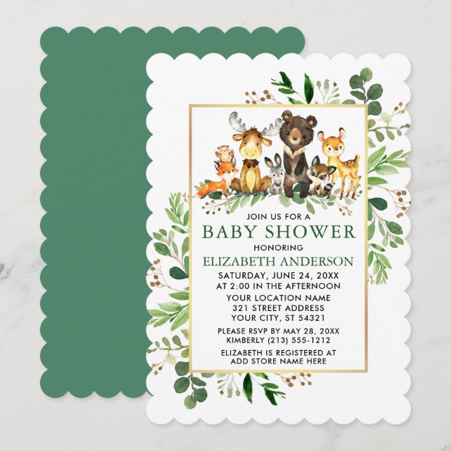 Greenery Gold Frame Woodland Animals Baby Shower Einladung (Vorne/Hinten)