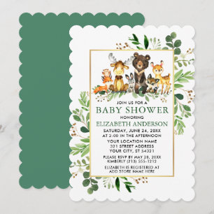 Greenery Gold Frame Woodland Animals Baby Shower Einladung