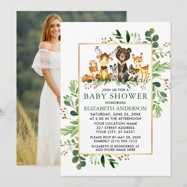 Greenery Gold Frame Woodland Animals Shower Foto Einladung (Vorne/Hinten)