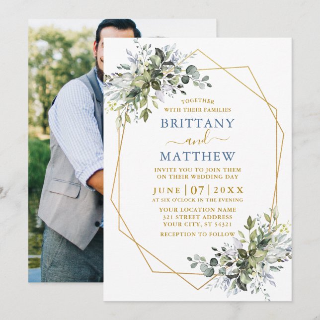Greenery Gold Geo Frame Dusty Blue Foto Wedding Einladung (Vorne/Hinten)