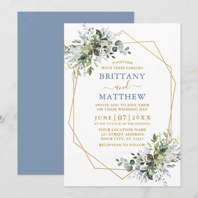 Greenery Gold Geo Frame Dusty Blue Wedding Einladung (Vorne/Hinten)