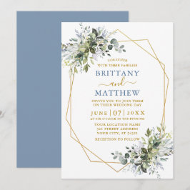 Greenery Gold Geo Frame Dusty Blue Wedding Einladung