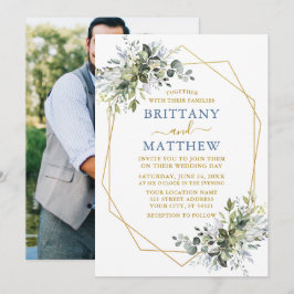 Greenery Gold Geo Frame Foto Wedding Dusty Blue Einladung