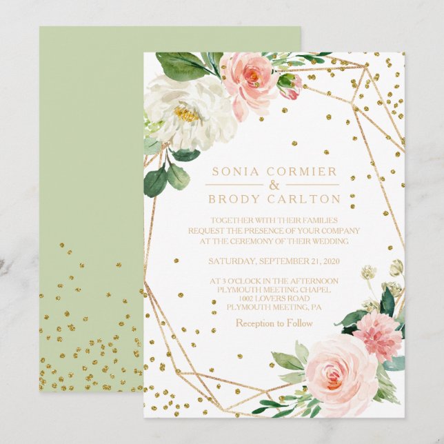 Greenery & Gold Geometric Elegante Hochzeit mit Fl Einladung (Vorne/Hinten)