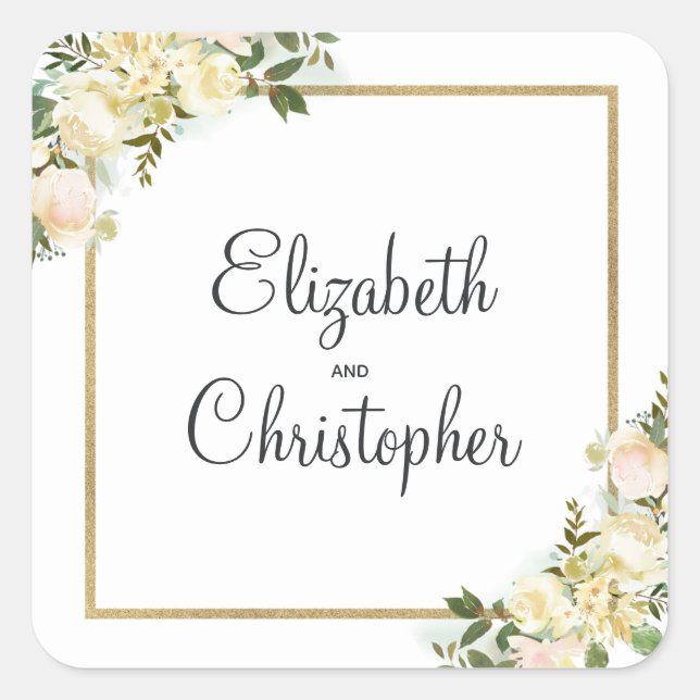 Greenery Gold Geometric Elegante Hochzeit Quadratischer Aufkleber (Vorderseite)