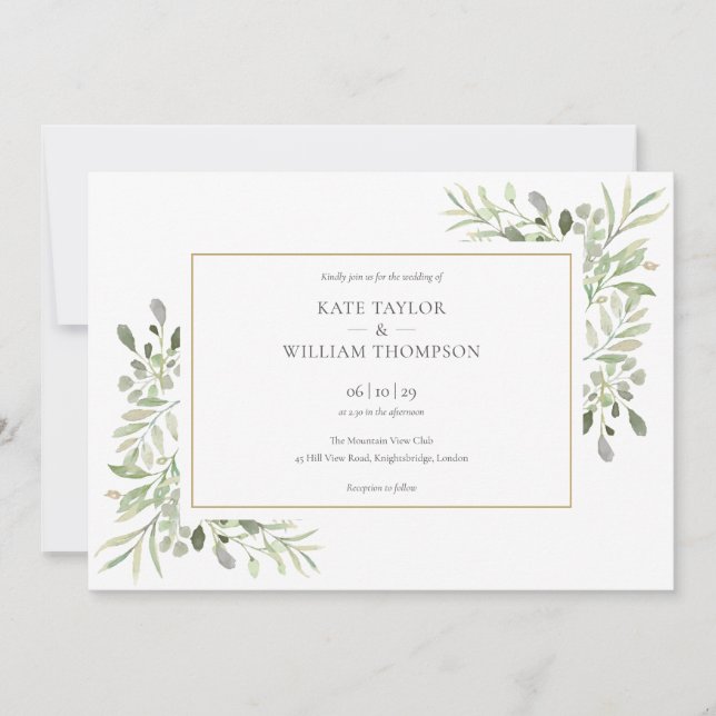 Greenery Gold Geometric Foto Landscape Wedding Einladung (Vorderseite)