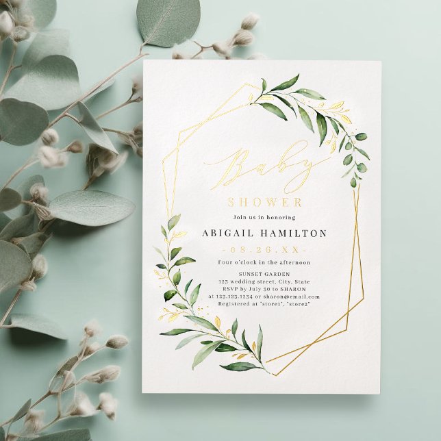 Greenery Gold Geometric Rustic Baby Shower Foil Folieneinladung (Greenery Gold Geometric Rustic Baby Shower Foil In Foil Invitation)