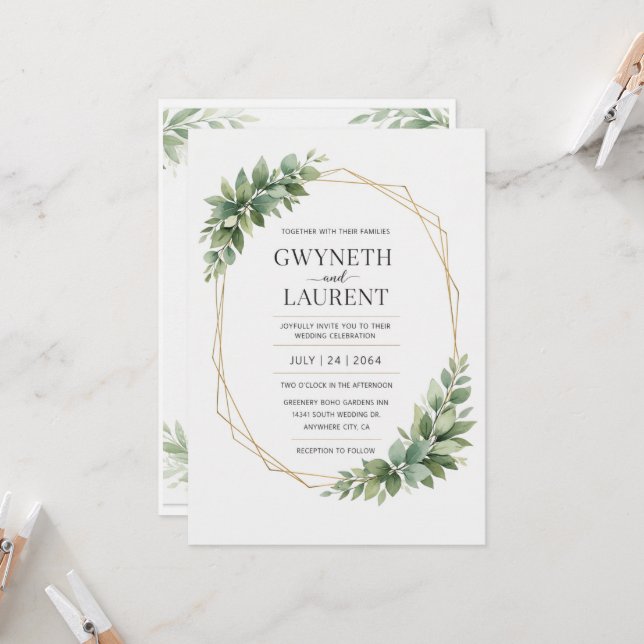 Greenery Gold Geometric Rustic Wedding Invitation Einladung (Vorderseite/Rückseite Beispiel)