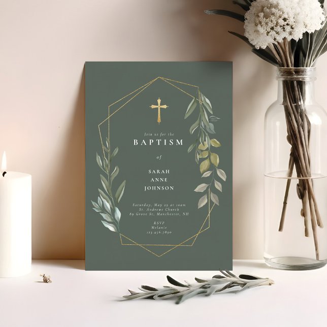 Greenery & Gold Geometric Terrarium Baby Taufe Einladung (Greenery & Gold Geometric Terrarium Baby Baptism Invitation)