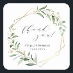 Greenery Gold Geometric Vielen Dank Rustic Wedding Quadratischer Aufkleber<br><div class="desc">Rustikales botanisches Blattgrün-Design mit Imitaten goldenen Folie Blätter und geometrischen Rahmen,  und trendy Dankeschön Drehbuch,  einfach und elegant,  ideal für Sommer rustikale Hochzeit,  Frühjahr botanischen Garten Hochzeit. Alle passenden Teile in der Sammlung anzeigen</div>