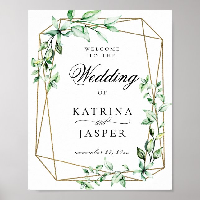 Greenery Gold Geometric Wedding Willkommen Poster (Vorne)