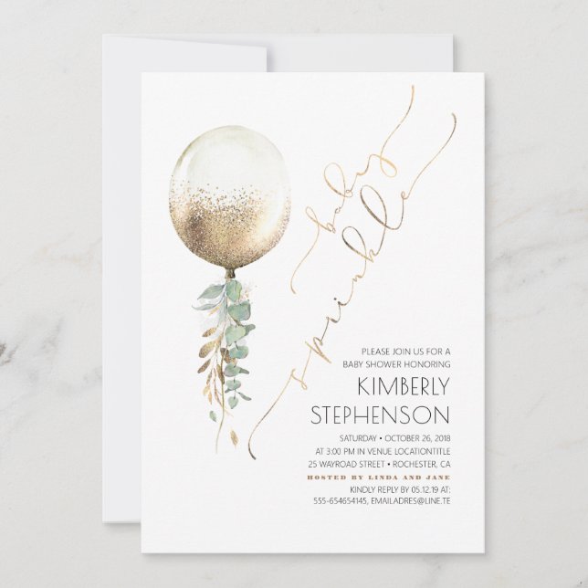 Greenery Gold Glitzer Balloon Baby Sprinkle Einladung (Vorderseite)