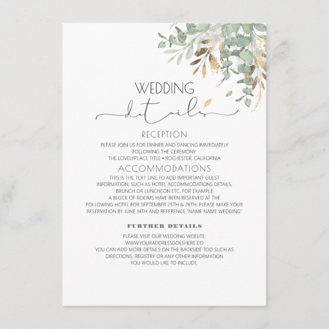 Greenery Gold Glitzer Hochzeitsinformations-Gast Begleitkarte (Vorderseite)