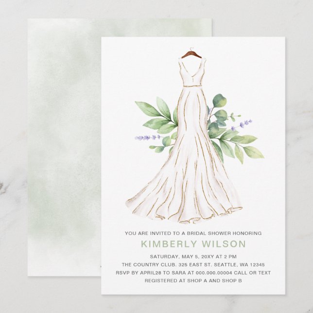 Greenery Gold Glitzer Wedding Dress Brautparty Einladung (Vorne/Hinten)