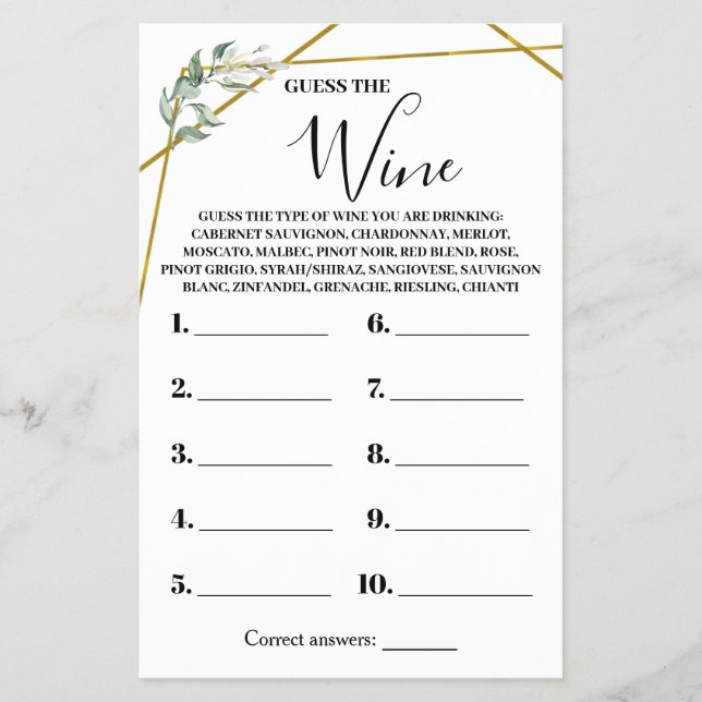 Greenery Gold Guess the Wine Shower Game Card Flyer (Vorne)