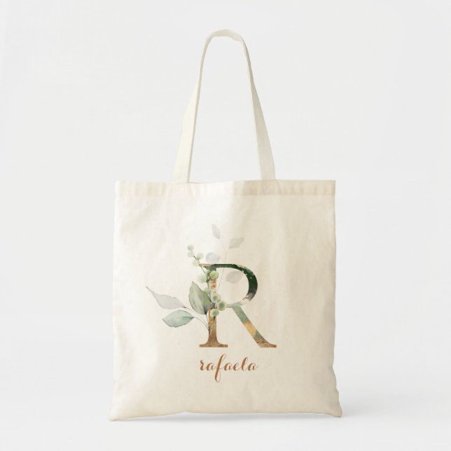 Greenery Gold Leaf Foliage Personalisierter Buchst Tragetasche (Vorne)