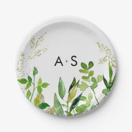 Greenery & Gold Leaf Gerahmt Wedding Monogram Pappteller
