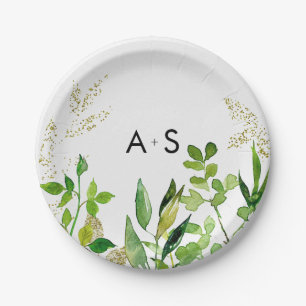 Greenery & Gold Leaf Gerahmt Wedding Monogram Pappteller