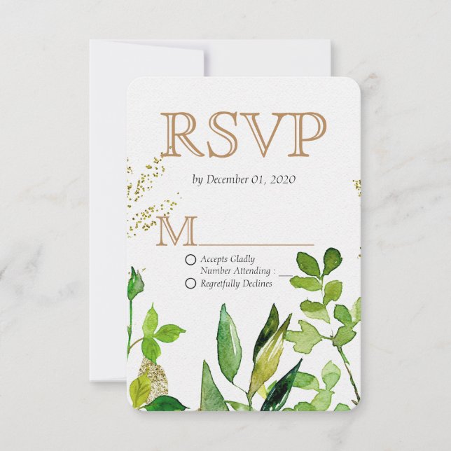 Greenery & Gold Leaf Gerahmte Blätter Hochzeit RSV RSVP Karte (Vorderseite)